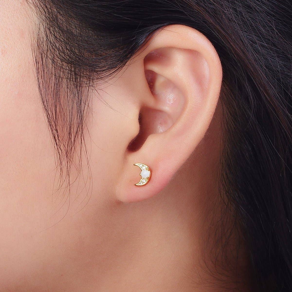 24K Gold Opal Crescent Moon Earrings