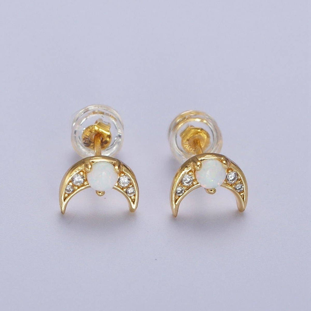 24K Gold Opal Crescent Moon Earrings