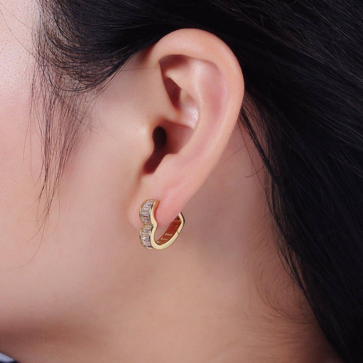 Baguette Lined Heart Huggie Earrings